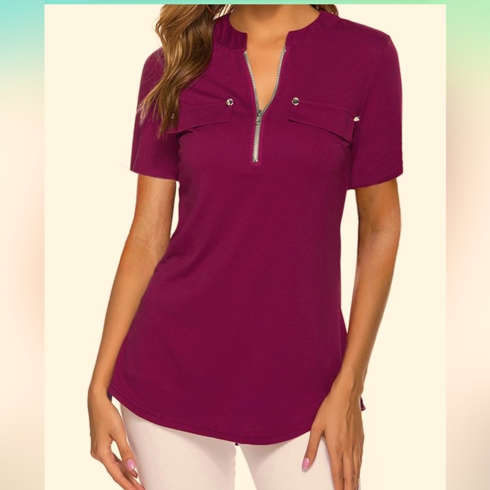 NWT!Women's Short Sleeve Zip Flowy Tunic Tops Business Casual WorkOffice Blouses